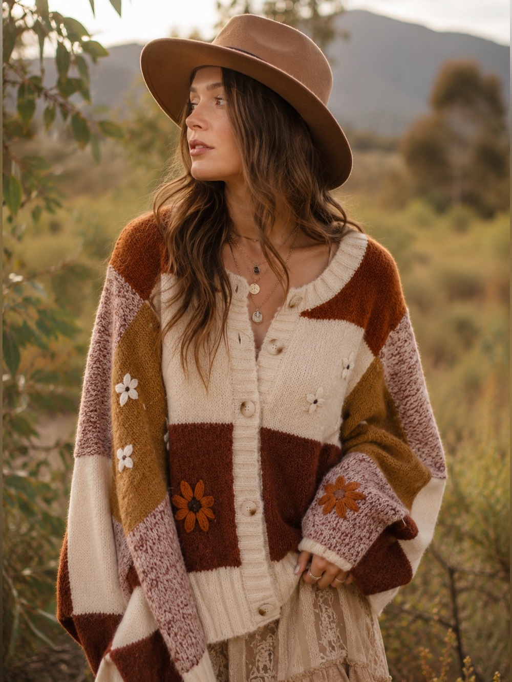 Luna Ivy Floral Cardigan Cream Beige Tan Brown Patchwork Style Knit